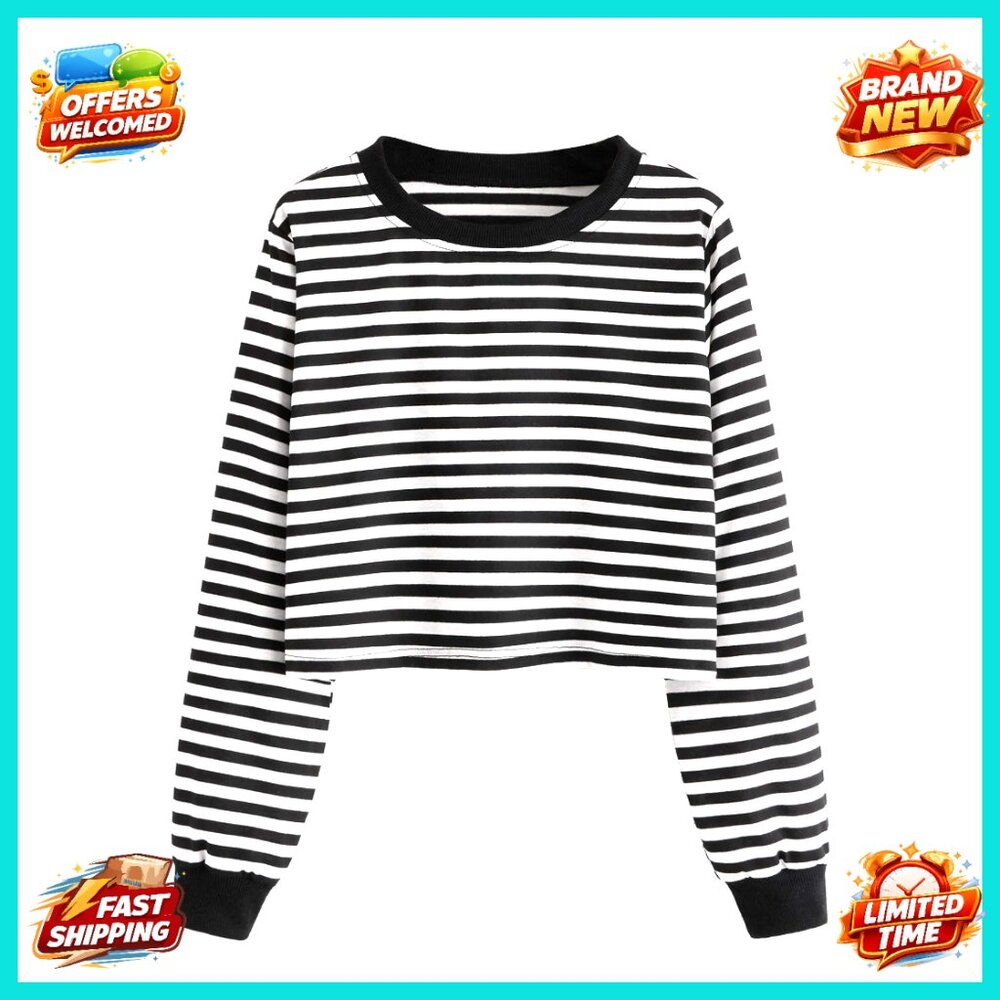 Long Sleeve Striped Crop Top, Casual Tee, Soft Stretch Fabric